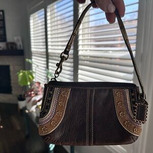 Coach Brown Leather Wristlet with Gold Accents